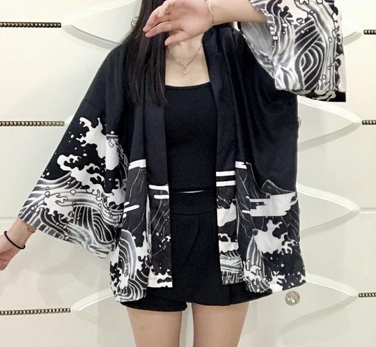 大码原宿风开衫海浪飞龙和服雪纺男女学生羽织中长款外套白色仙气