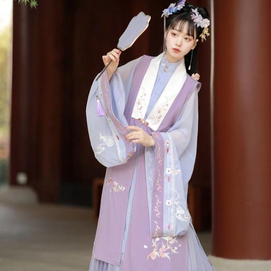 汉氧初见夏梦汉服女原创明制立领对襟古装中国风仙白菜全套夏(嫩紫全套比甲+上衣+裙s)