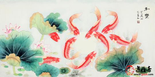 "鱼"则为万事如意.九条可爱的锦鲤在水中嬉闹,寓意着长久的吉祥如意.
