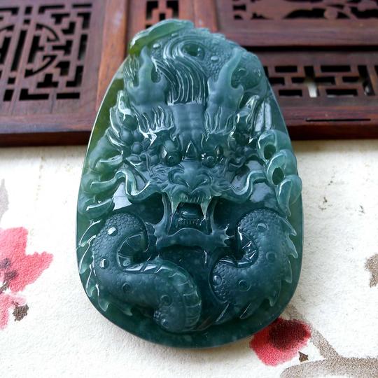 缅甸天然翡翠a货蓝水霸气龙牌吊坠龙腾四海生意兴隆玉石包邮