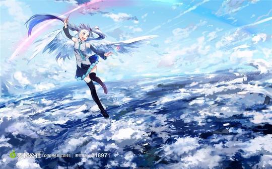 超大尺寸-初音未来飞翔云端动漫高清壁纸素材
