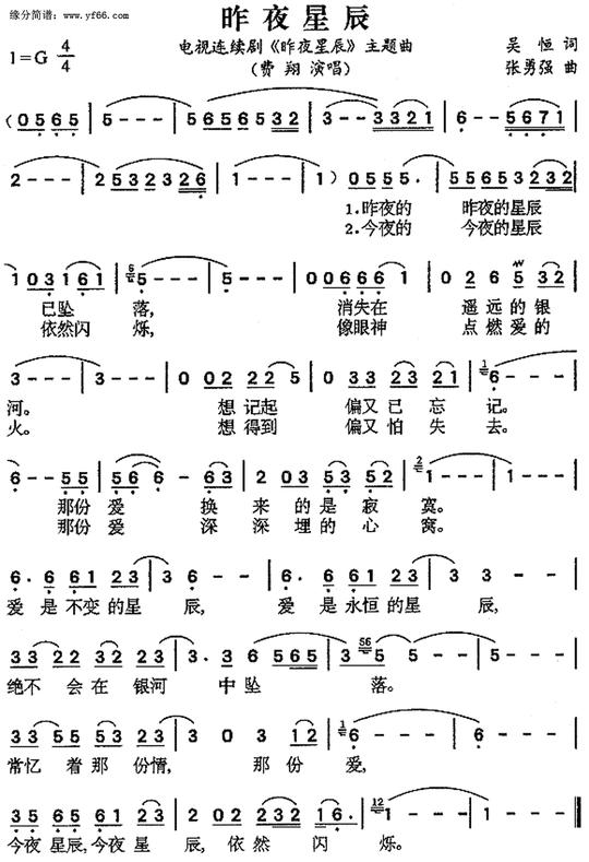 【歌曲简谱】昨夜星辰(电视剧《昨夜星辰》主题曲费翔演唱)