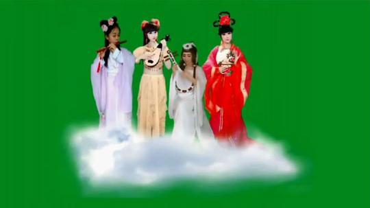 一群仙女腾云驾雾在云端演奏乐器绿屏抠像特效视频素材