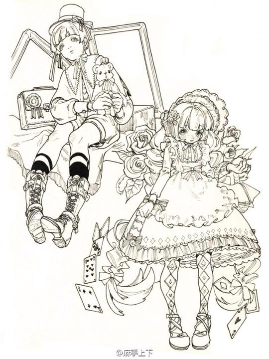 麻手上下#二次元手绘线稿动态素材人体速写素描黑白洛丽塔