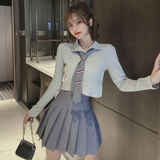 校园polo领带上衣百褶半身裙jk学院风大学生制服套装女甜美两件套