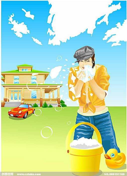 在家门口搞卫生清洁的卡通男孩韩国矢量人物素材[矢量图]