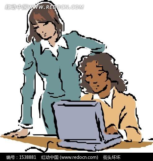 免费素材矢量素材矢量人物卡通形象电脑前的两个美女请您分享