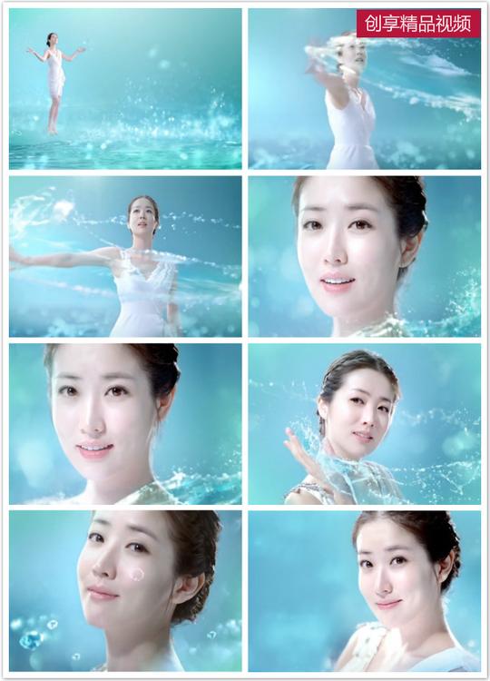 时尚美容化妆护肤品流水珠水花光效美女微笑容特写片头视频素材