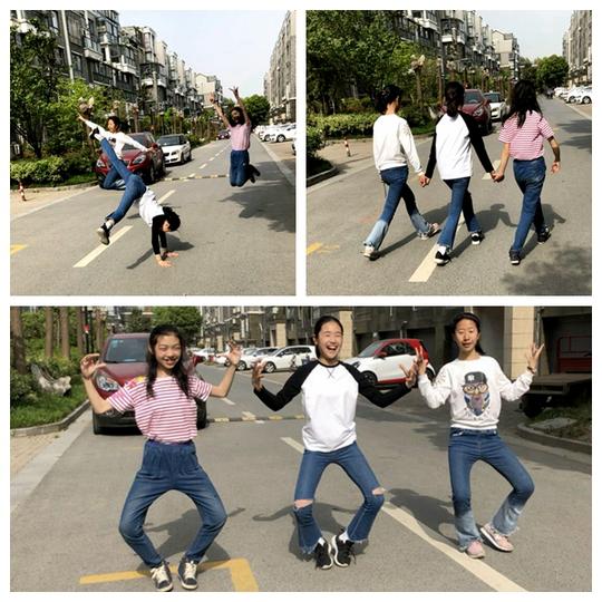 在妞妞家小区里,三个孩子大秀了一段时下很火的"闺密步",配上抖音,好