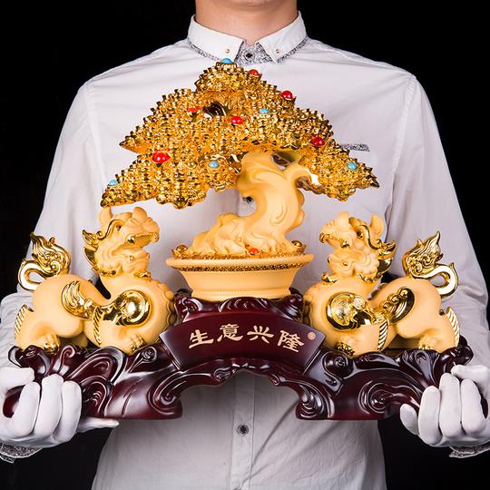 绒沙金工艺品生意兴隆貔貅摆件发财树聚宝盆开业礼品装饰品