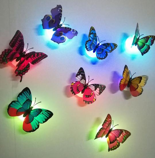 led夜光蝴蝶发光小夜灯3d立体双层蝴蝶墙贴画床头灯节日场景布置