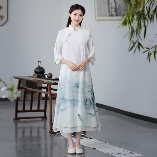 民族风禅舞服2019夏茶服长裙复古汉服水墨渐变中式旗袍连衣裙女