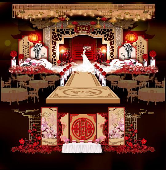 新中式主题婚礼现场布置效果图中国风婚庆kt板背景喷绘素材源文件