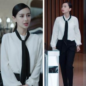 创业时代baby杨颖那蓝同款衣服女2018秋飘带长袖ol职业装衬衫上衣