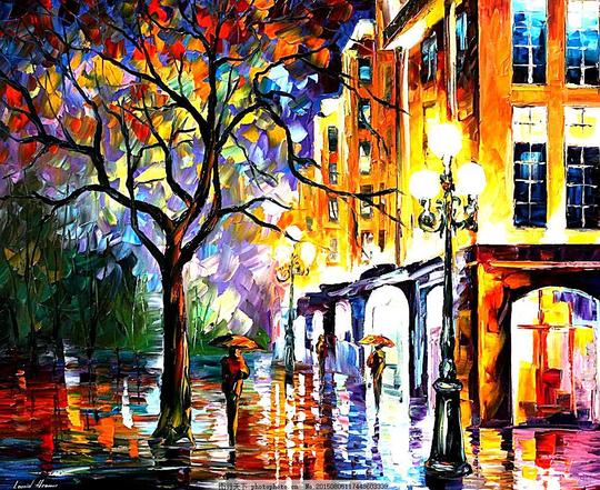 街景艺术油画风景画色彩夜晚下雨路灯书画文字文化艺术