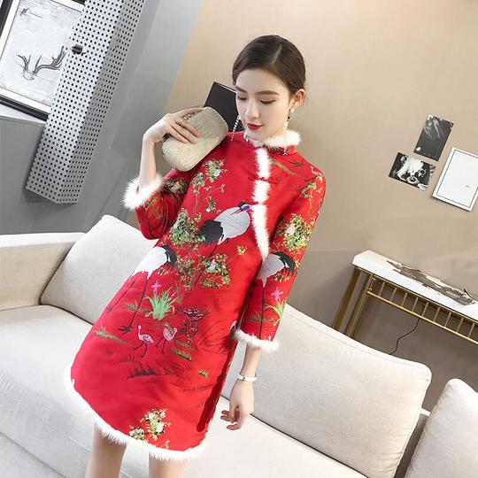 过年穿旗袍唐装女冬季拜年裙唐装棉袄改良冬少女过年衣服中国风喜庆女装新年连衣裙品质定制款红色s