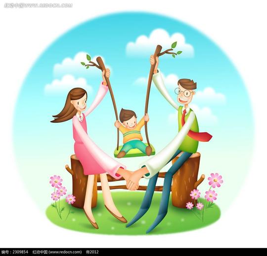 免费素材矢量素材矢量人物卡通形象>一家三口荡秋千时尚城市绘画