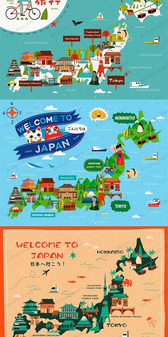 18p日本旅游扁平化风景建筑海报插画ui矢量喷印刷eps设计素材图ppt背景图地图