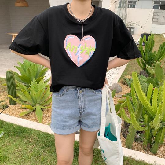 抖音爆款爱心刺绣纯棉t恤女宽松韩版学生短袖2021新款t恤女
