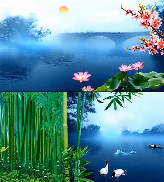 中国风划船梦游仙境水畔竹林仙鹤led背景视频素材