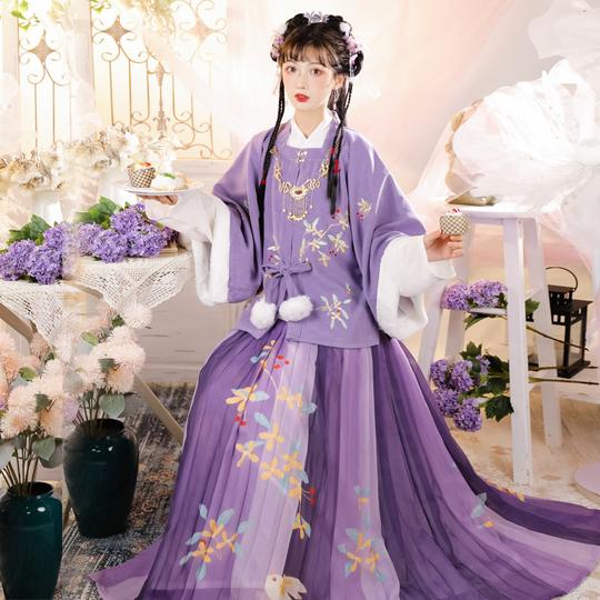 古装汉服成人冬天女【玉桂兔】明制方领半袖披袄毛呢刺绣齐腰褶裙紫色披袄+白色内搭+紫色褶裙全套m