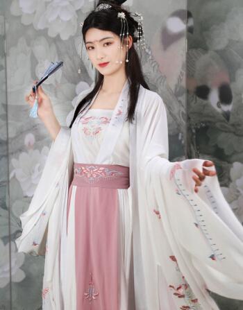 齐腰襦裙古装服装日常樱花仙女飘逸清新淡雅学生古风夏长袖衫+短大袖