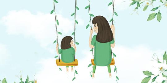 母亲节,妈妈,卡通母女,母子,手绘花,感恩,母亲节素材,荡秋千,温馨,卡通,童趣,小清新,