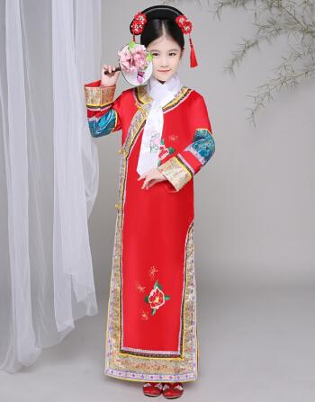 清朝宫廷女童晴川宫女满族旗服甄嬛红色格格+旗头+头饰150cm