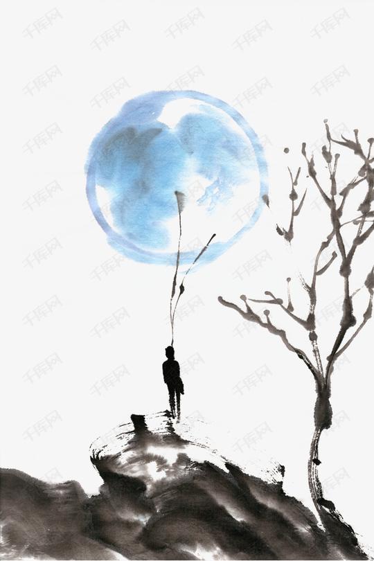 摘月亮水墨画png免抠素材