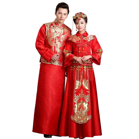 中国古装秀禾服中式唐装龙凤褂汉服摄影写真贡缎新婚礼服男女套装