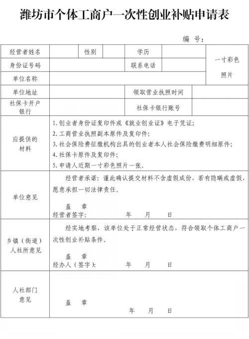 附:《潍坊市个体工商户一次性创业补贴申请表》样表