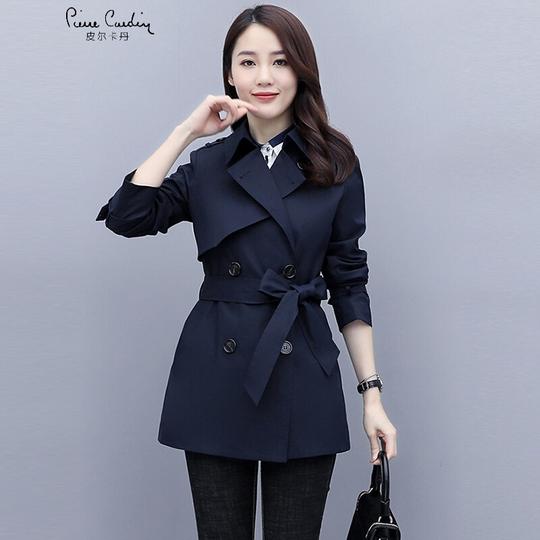 【好货京选】皮尔卡丹高档品牌枫中款风衣外套女小个子胖新款秋冬款今年流行漂亮女装藏青色m