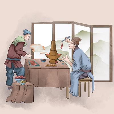 中国风水墨国画风吃火锅美食古风人物素材