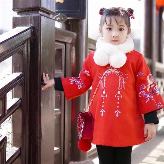 年服女童装宝宝拜年du儿中式棉衣冬装喜庆红裙子过年服定制中国风