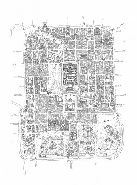 北京手绘地图，线稿。老北京城区，加了点做…