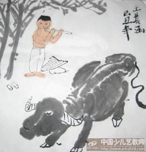 儿童画吹笛的牧童-《少儿画苑》第13届国际少儿书画大赛获奖作品