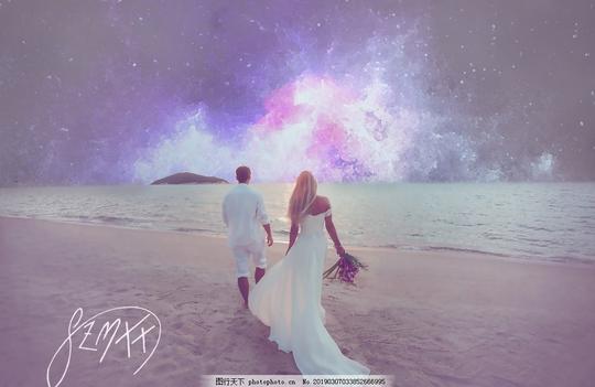 陪你看星辰婚纱情侣大海沙滩梦幻紫签名炫光图片素材