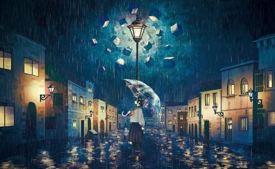 街道黑夜下雨路灯下撑伞的女孩桌面背景动漫壁纸图片