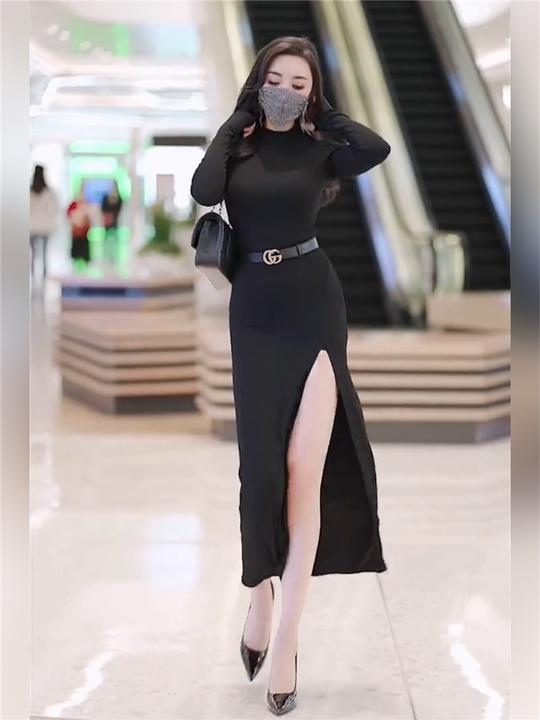 抖音欣儿同款黑色高领长袖开叉连衣裙莫代尔棉修身显瘦春夏女神范