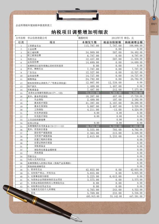 纳税调整增加项目明细表…xexcel模板