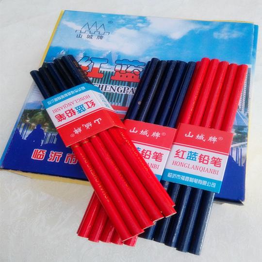 批发山城牌小红蓝双色木工铅笔椭圆黑芯木工笔全红铅笔