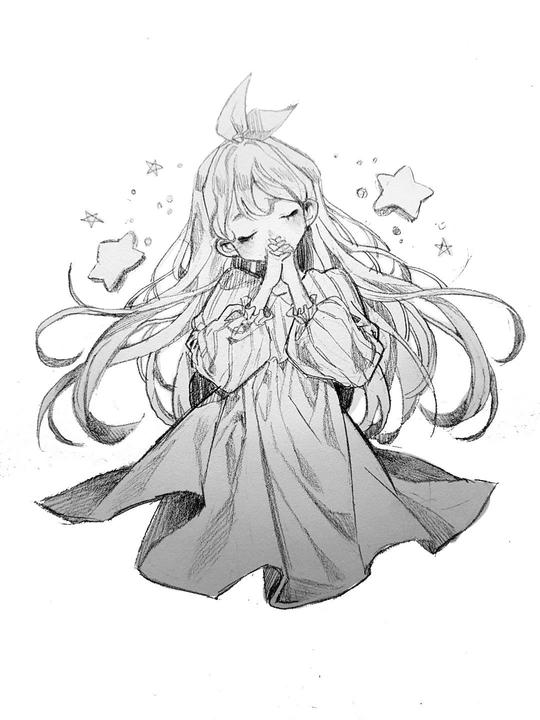 线稿铅笔稿手绘二次元动漫美少女漫画小清新彩铅橡皮章胶带画黑白绘画教程素材