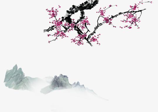 山水墨图淡雅古典梅花山水墨画免抠素材