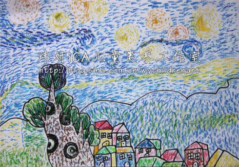 素材:梵高名作《星空》.材料:油画棒呈现点彩效果.