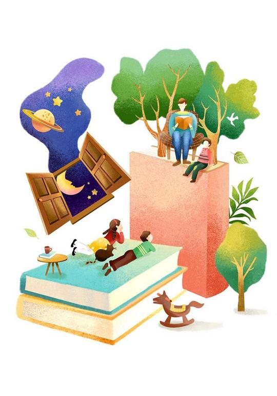 卡通手绘书籍阅读2.5d教育学校学习场景插图插画背景psd设计素材-淘宝网