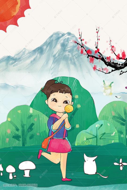 女孩和猫六一儿童节唯美插画
