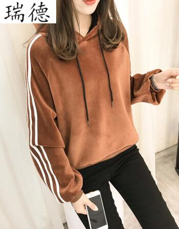 名瑞德外套社会女衣服快手红人同款复古拼色丝绒连帽卫衣潮流女学生