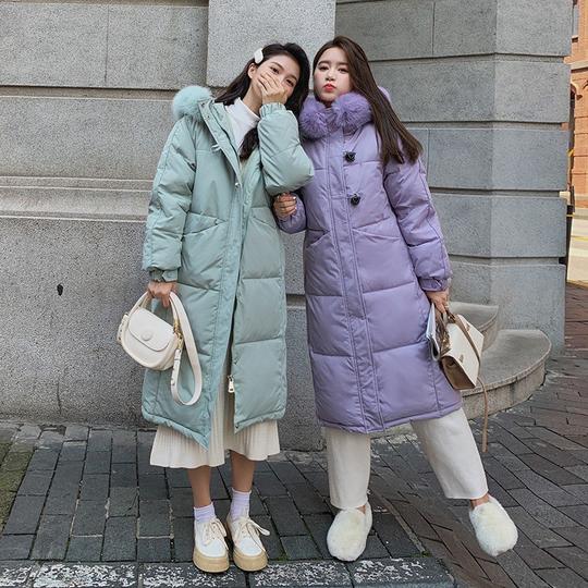 实拍胡楚靓棉服女中长款2021季闺蜜装新款过膝小个子棉衣外套