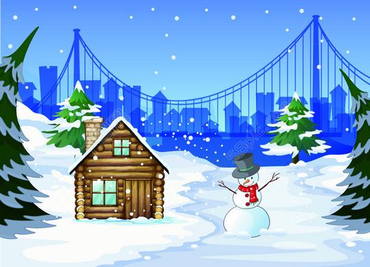 下雪天森林里的小屋矢量素材矢量图免费下载_
