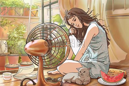 炎热夏天吹风扇的女孩图片下载